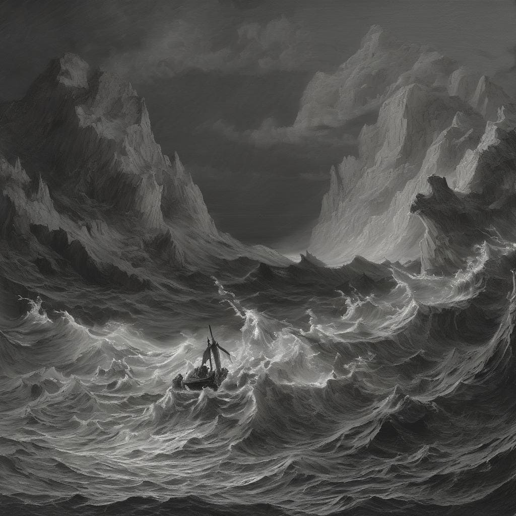 Οπτική ερμηνεία των συναισθημάτων σε καταιγίδα στη θάλασσα, κυρίαρχοι δύσκολοι καιροί.