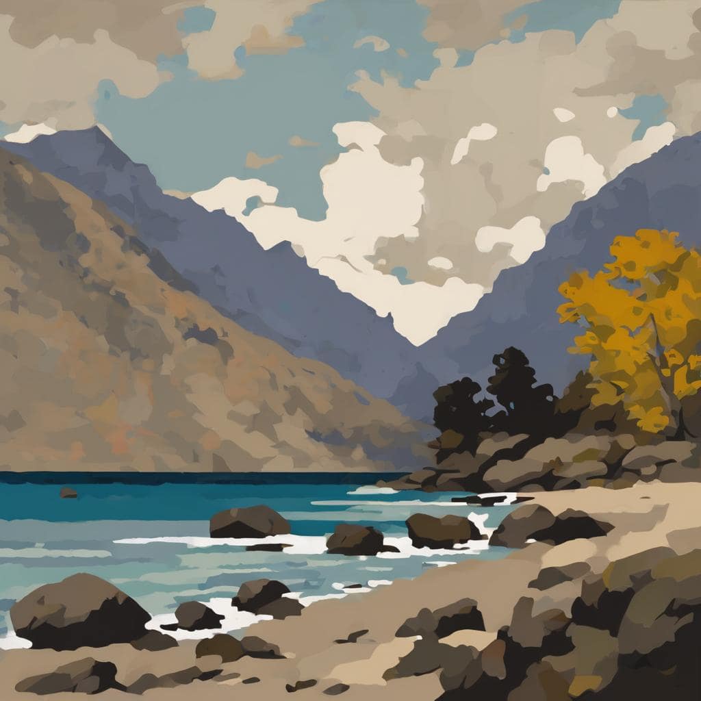 Οπτική ερμηνεία των συναισθημάτων σε φυσικό τοπίο με βουνά και θάλασσα, εξέταση της ανθρώπινης ψυχολογίας και συναισθηματικής αντίληψης.