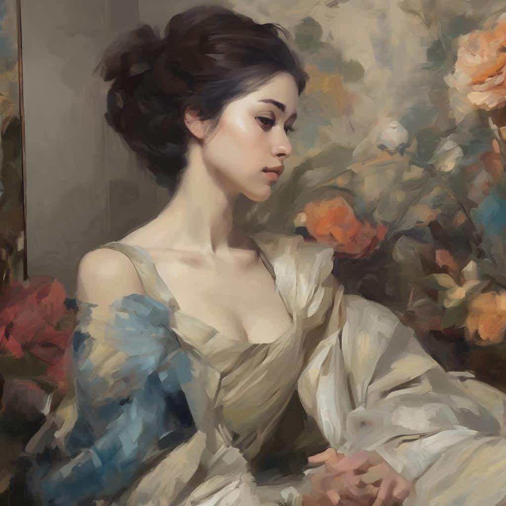 Οπτική ερμηνεία του συναισθήματος, γυναικεία πορτρέτο σε ζωγραφική μορφή, εκφράζει εσωτερική ευαισθησία και ηρεμία.