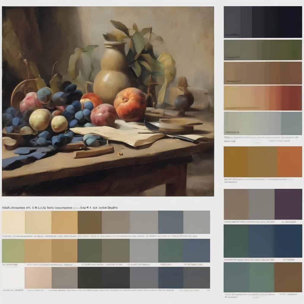 Λατινικά φρούτα και γλάστρα σε παραδοσιακό πίνακα ζωγραφικής, χρωματική παλέτα για συναισθηματική ερμηνεία.